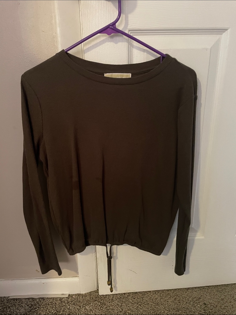 MICHAEL Michael Kors Olive Ribbed Long-Sleeve Drawstring Top